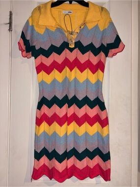 Fashion Nova Yellow Collar Multicolor Chevron Knit Dress